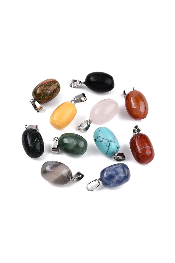 Natural Mixed Stone Pendants Oval Charms Mixed Dyed Undyed with 201 Stainless Steel Snap on Bails Stainless Steel color 21.5~23x12~13.5mm Hole: 7x4mm