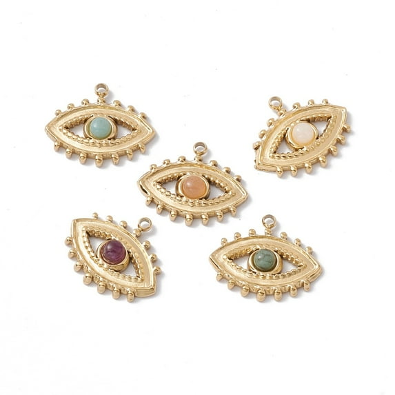 Natural Mixed Stone Pendants with Ion Plating(IP) Real 24K Gold Plated 304 Stainless Steel Findings Horse Eye Charm 15x18x3.5mm Hole: 1.5mm