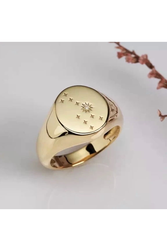 Natural Moissanite Small Star Signet Pinky Ring For Men 14k Yellow Gold Plated