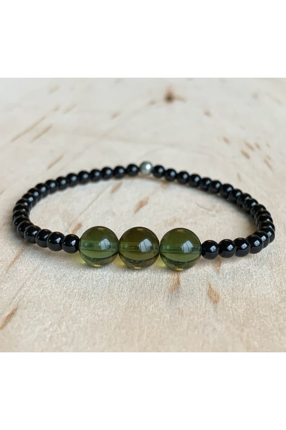Natural Moldavite Quartz & Black Tourmaline 4-10mm Round Shape Smooth Cut Beads Stretchable Bracelet for Men & Women.