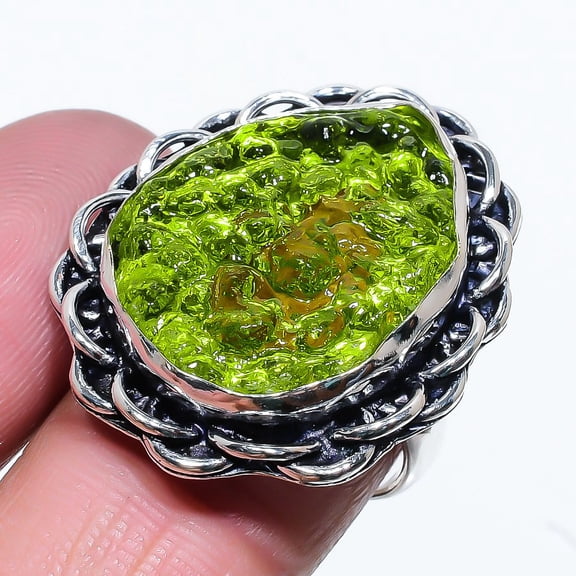 Natural Moldavite Quartz Gemstone 925 Sterling Silver Gift Ring Size 10