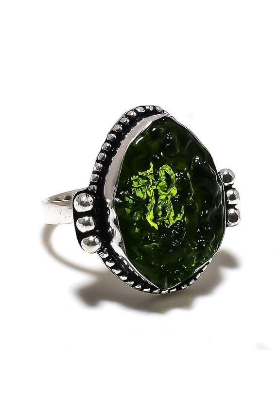 Natural Moldavite Quartz Gemstone 925 Sterling Silver Gift Ring Size 10