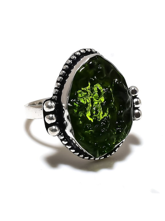 Natural Moldavite Quartz Gemstone 925 Sterling Silver Gift Ring Size 10
