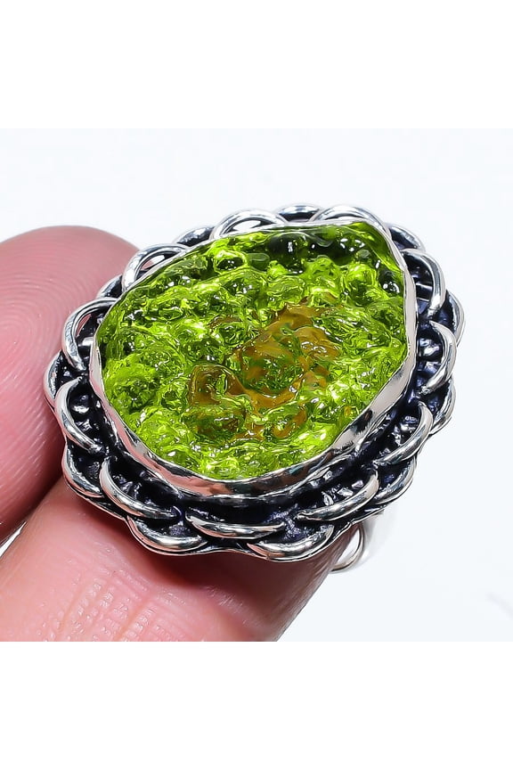 Natural Moldavite Quartz Gemstone 925 Sterling Silver Gift Ring Size 6