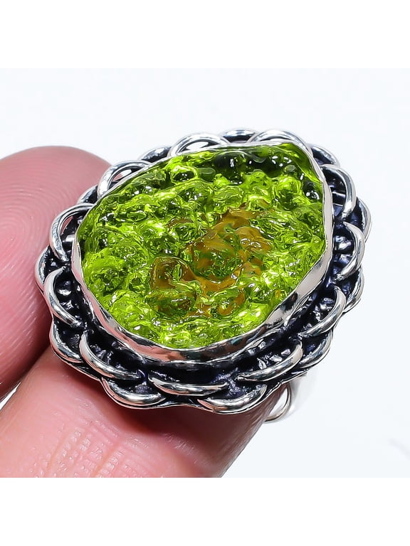 Natural Moldavite Quartz Gemstone 925 Sterling Silver Gift Ring Size 7