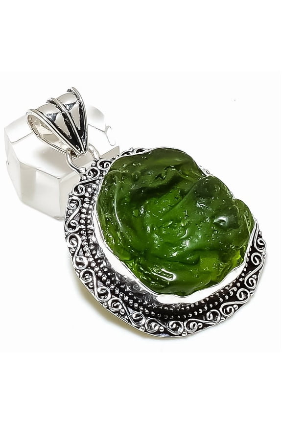 Natural Moldavite Quartz Gemstone 925 Sterling Silver Jewelry Pendant 2.17"