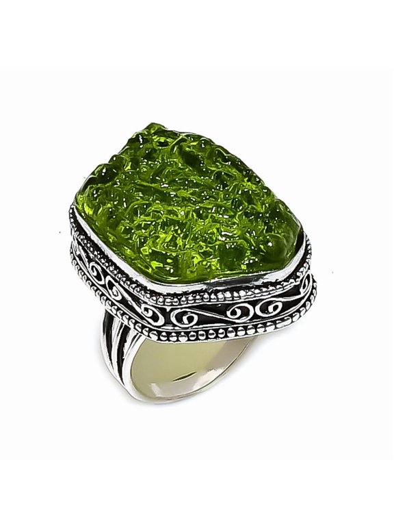 Natural Moldavite Quartz Gemstone 925 Sterling Silver Jewelry Ring Size 10