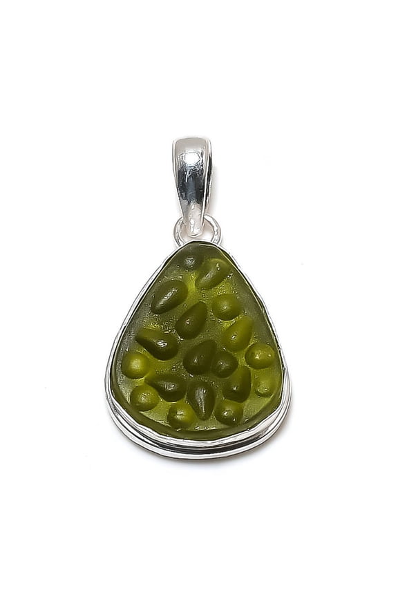Natural Moldavite Quartz Gemstone 925 Sterling Silver Pendant 1.58"