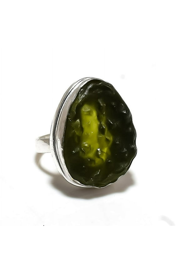 Natural Moldavite Quartz Gemstone 925 Sterling Silver Ring Size 6.5
