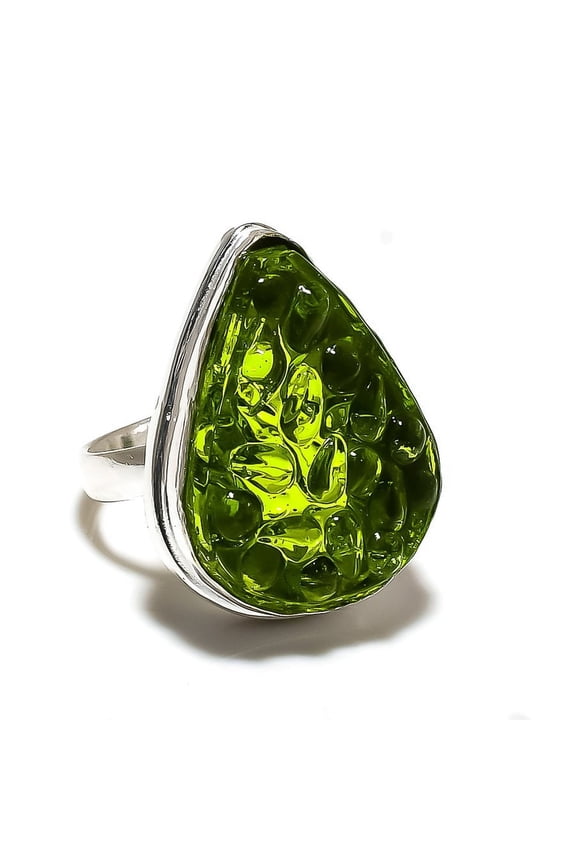 Natural Moldavite Quartz Gemstone 925 Sterling Silver Ring Size 7.5