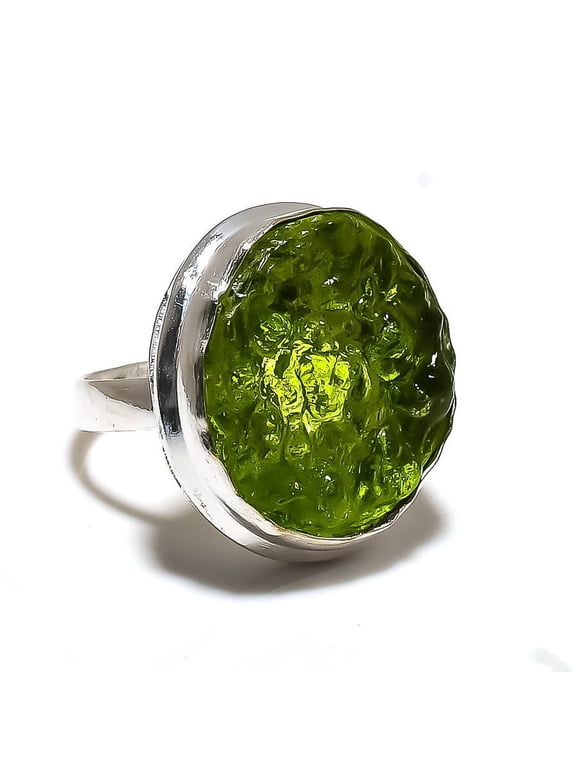 Natural Moldavite Quartz Gemstone 925 Sterling Silver Ring Size 8.5