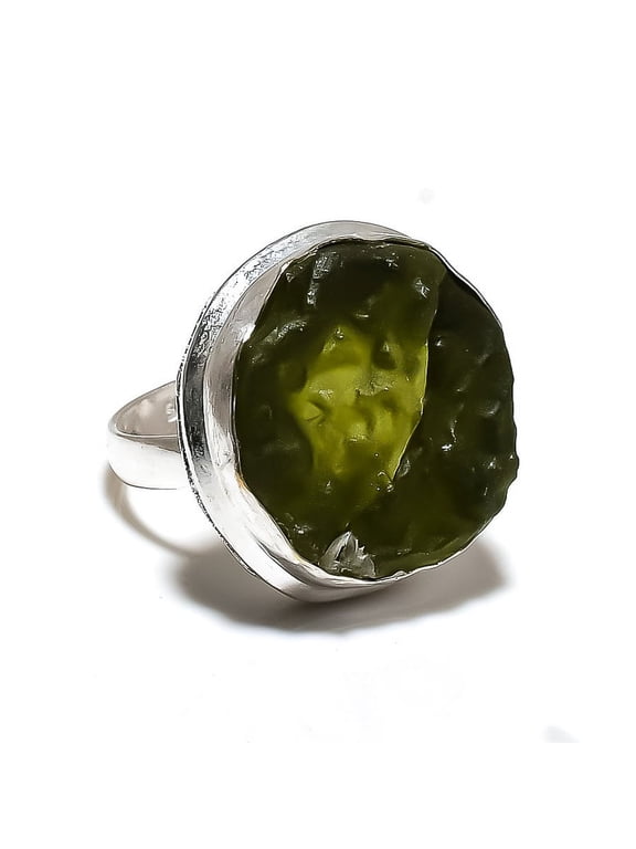 Natural Moldavite Quartz Gemstone 925 Sterling Silver Ring Size 8.5