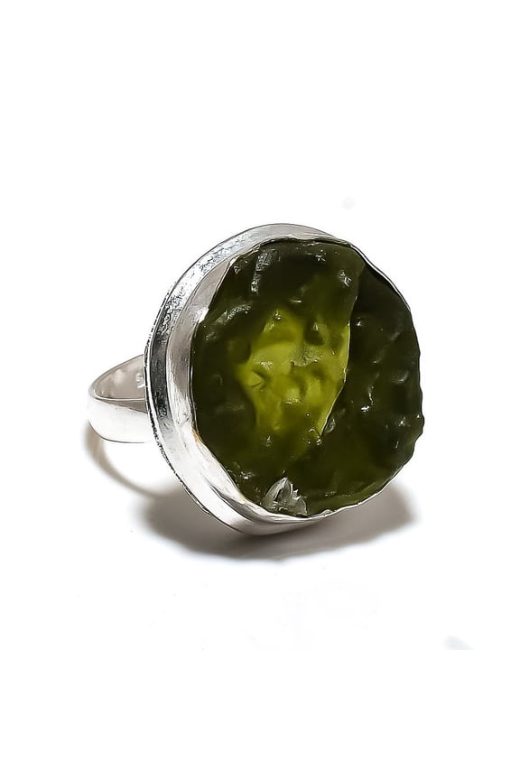Natural Moldavite Quartz Gemstone 925 Sterling Silver Ring Size 8.5