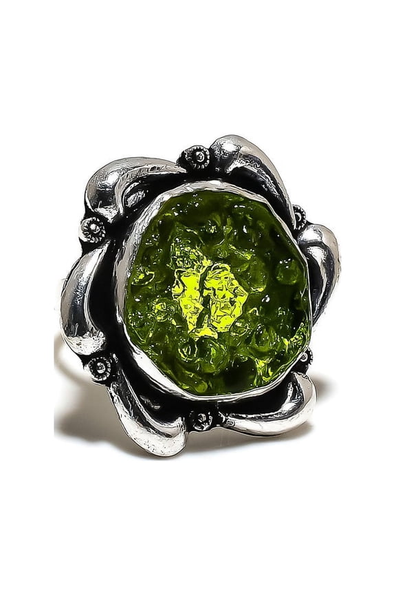 Natural Moldavite Quartz Gemstone 925 Sterling Silver Ring Size 9.5