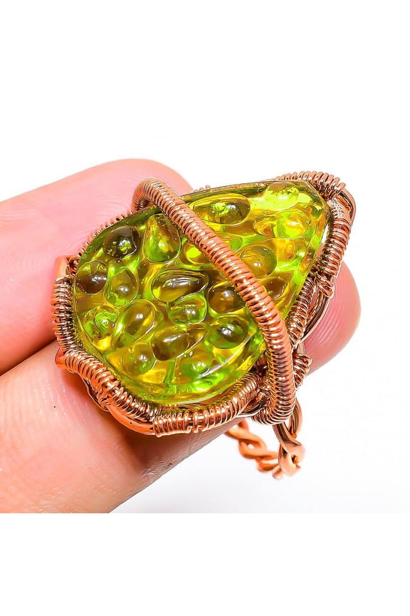 Natural Moldavite Quartz Gemstone Copper Wire Wrap Gift Ring Size 10.5