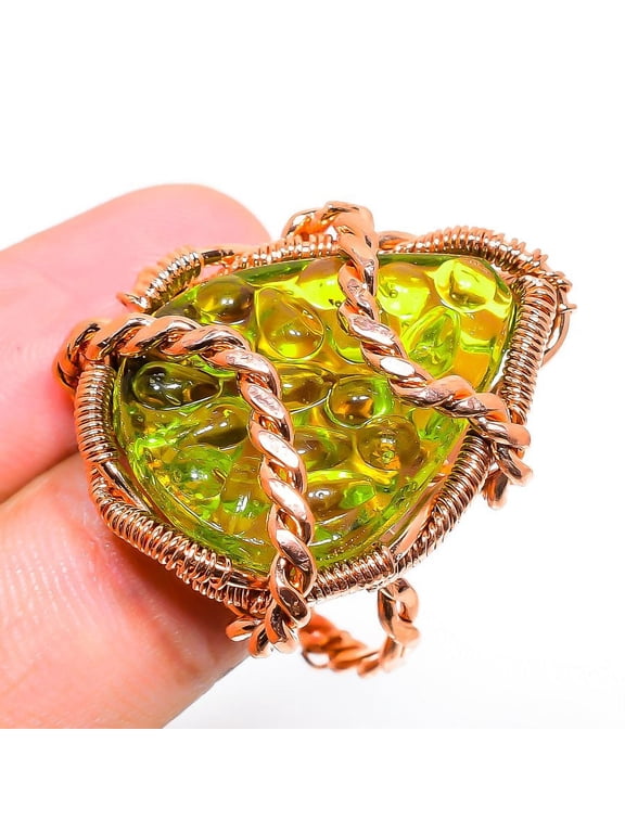 Natural Moldavite Quartz Gemstone Copper Wire Wrap Gift Ring Size 8.5