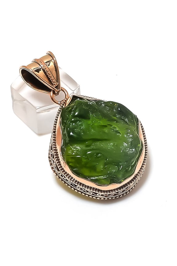 Natural Moldavite Quartz Gemstone Handmade Copper Jewelry Pendant 2.09"