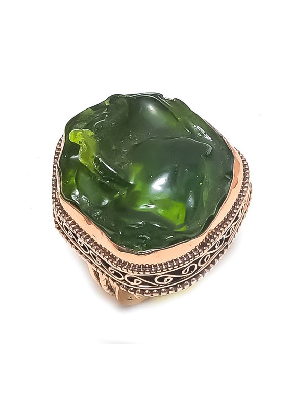 Natural Moldavite Quartz Gemstone Handmade Copper Jewelry Ring Size 8
