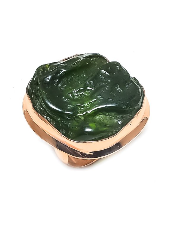 Natural Moldavite Quartz Gemstone Handmade Copper Jewelry Ring Size 8
