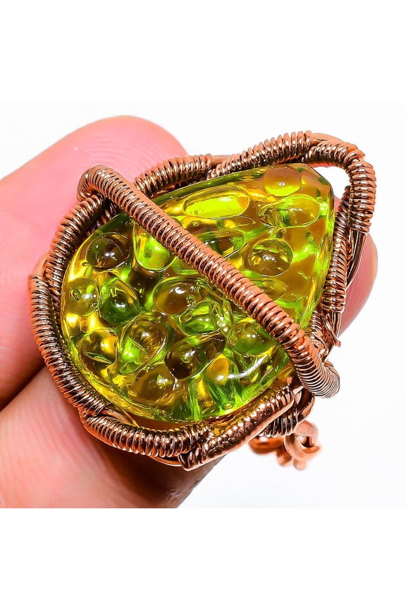 Natural Moldavite Quartz Gemstone Handmade Copper Wire Wrap Ring Size 9