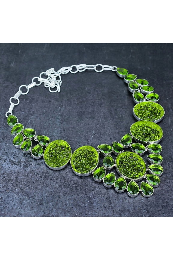 Natural Moldavite Quartz, Peridot 925 Sterling Silver Jewelry Necklace 18"
