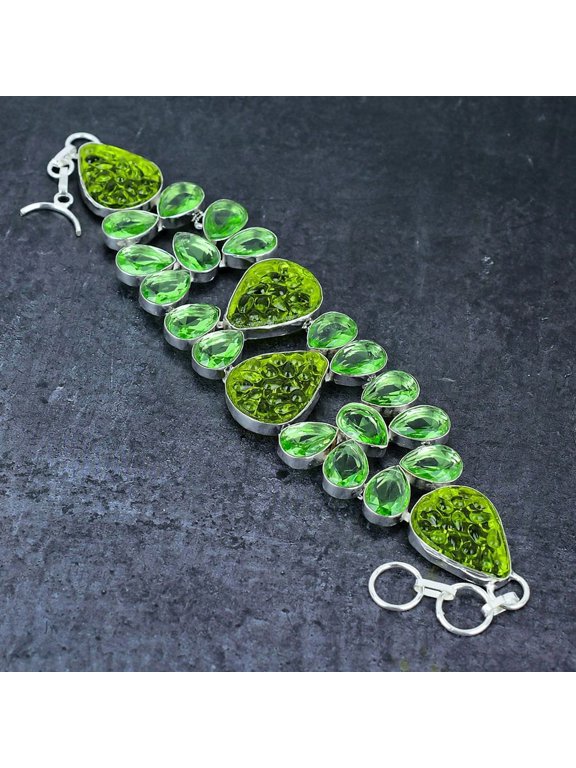Natural Moldavite Quartz, Tsavorite 925 Sterling Silver Bracelet 7-8"