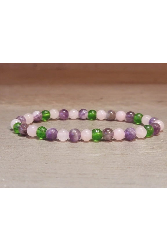 Natural Moldavite, Rose Quartz  Amethyst 4mm Stretch Bracelet.