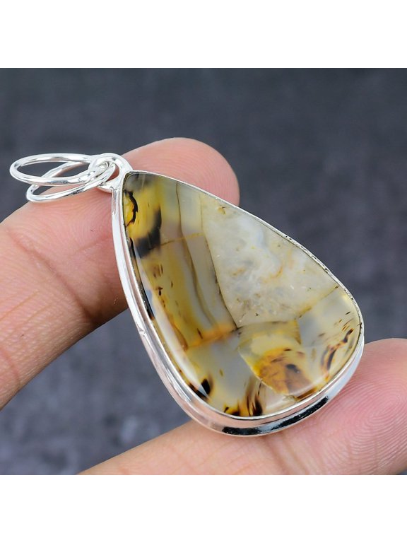 Natural Montana Agate Gemstone Handmade 925 Sterling Silver Pendant 2.17"