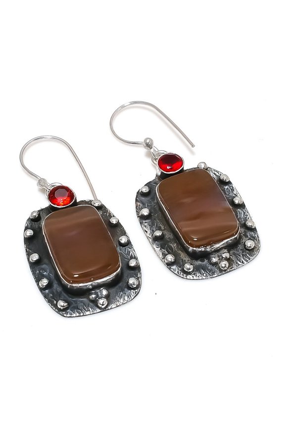 Natural Mookaite, Garnet Gemstone 925 Sterling Silver Earring 1.93"