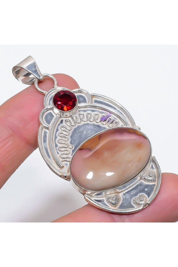 Natural Mookaite, Garnet Gemstone 925 Sterling Silver Jewelry Pendant 2.64"
