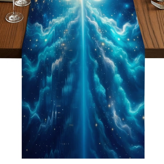 Natural Moonlight Burlap Cotton Table Runner 13x36 Inches Short, Navy Blue Dreamy Moon Cloud Reflection Farmhouse Table Runners, Outdoor Dining Table Decor for Baby Shower/Party/Wedding