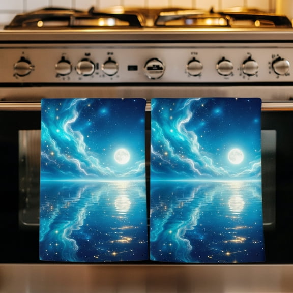 Natural Moonlight Kitchen Towels Set of 1, Navy Blue Dreamy Moon Cloud Reflection Absorbent Dish Towels for Kitchen, Microfiber Hand Towel, Quick Drying Tea Towel for Cleaning Decorative Dishcloths