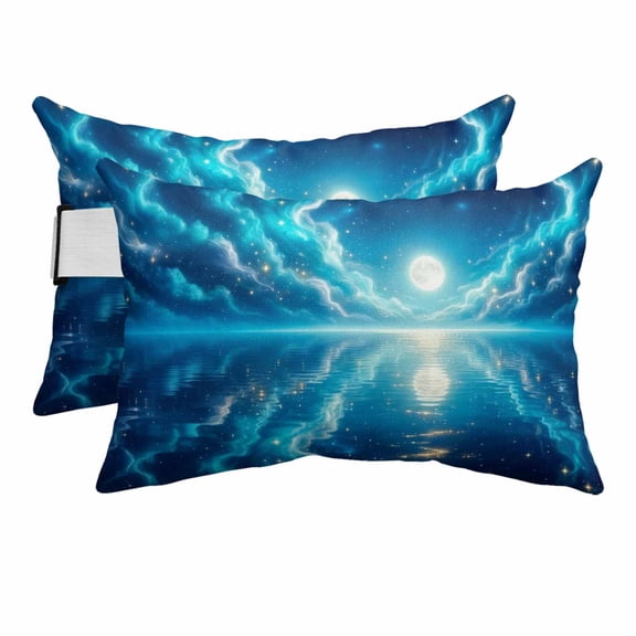 Natural Moonlight Outdoor Pillows for Chaise Lounge Chair Beach Headrest Pillow Set of 2 Waterproof Lumbar Pillows with Insert&Strap Navy Blue Dreamy Moon Cloud Reflection Pool Pillow 12"x20"