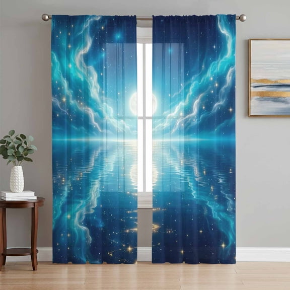 Natural Moonlight Sheer Curtains for Living Room Bedroom Navy Blue Dreamy Moon Cloud Reflection Sheer Curtains 72 Inch Long 2 Panels Set Light Filtering Curtain Window Treatments Dining Room Drapes
