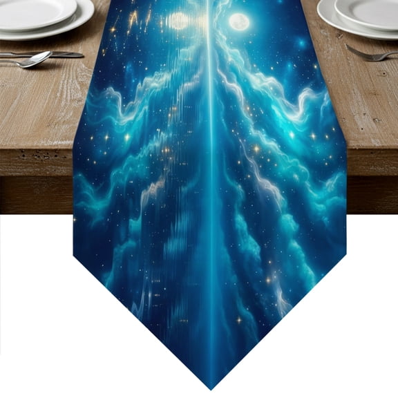 Natural Moonlight Table Runner Linen Burlap Table Runner 48 Inches Long Navy Blue Dreamy Moon Cloud Reflection Dresser Scarves for Kitchen Island Coffee Dining Room Party Holiday Decor 13"x48"
