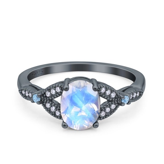 Natural Moonstone Black Tone Silver Size-5 Art Deco Oval Vintage Style Split Shank Leaf Design Beaded Aquamarine CZ Wedding Engagement Ring 925 Sterling Silver