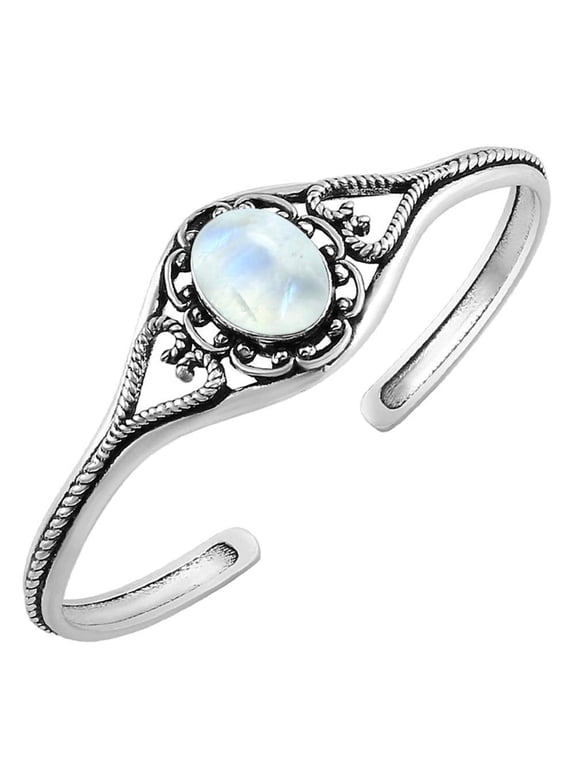 Natural Moonstone Cuff Bangle Bracelet for Women – Handmade 925 Silver Plated Adjustable Vintage Style Jewelry – White Gemstone June Birthstone Statement Bangle – Christmas Wedding Gift for Her