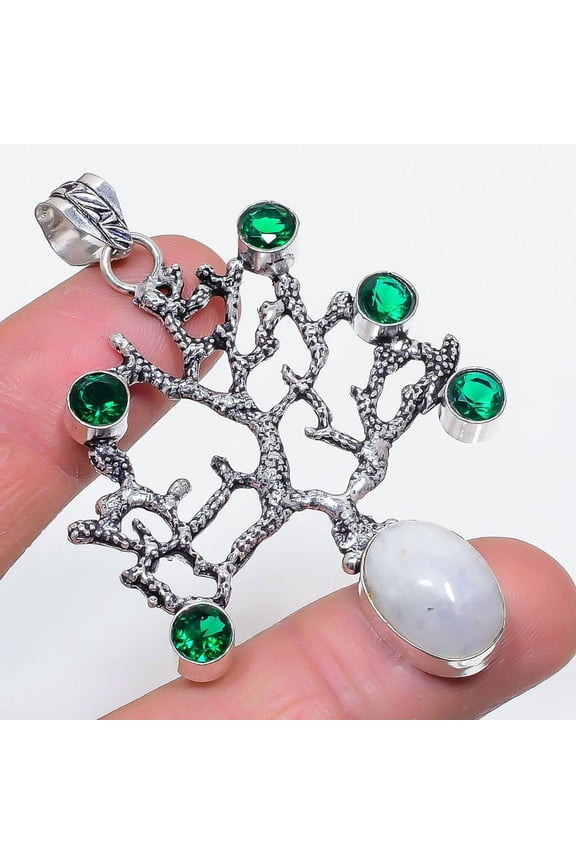 Natural Moonstone, Diopside 925 Sterling Silver Jewelry Pendant 2.68"