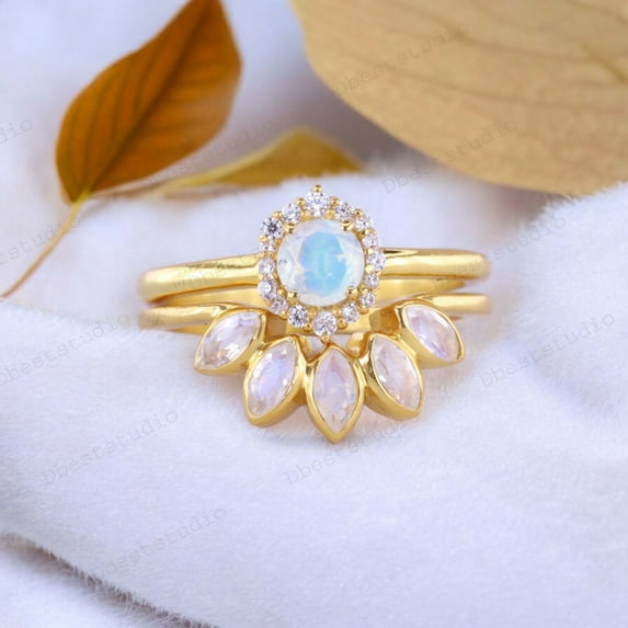 Natural Moonstone Engagement Ring Set Diamond Curved Stackable Band Art Deco Personalized Jewelry June Birthstone Gift