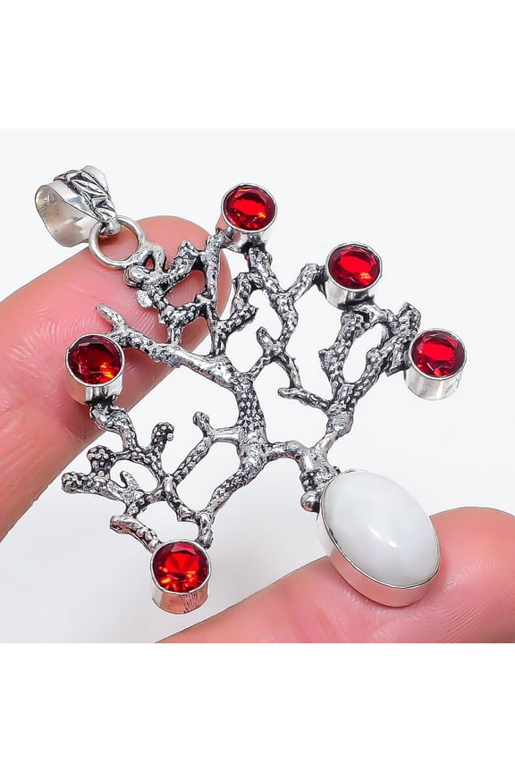 Natural Moonstone, Garnet 925 Sterling Silver Jewelry Pendant 2.60"