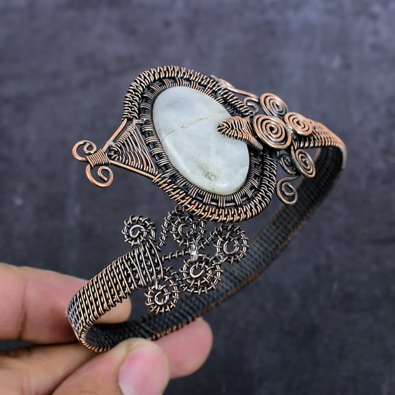 Natural Moonstone Gemstone Handmade Copper Wire Wrap Cuff Bangle Adjustable