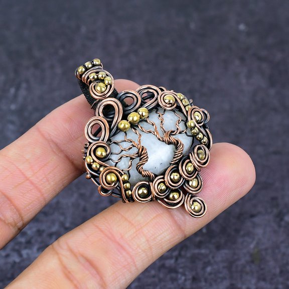 Natural Moonstone Gemstone Handmade Copper Wire Wrap Jewelry Pendant 2.05"