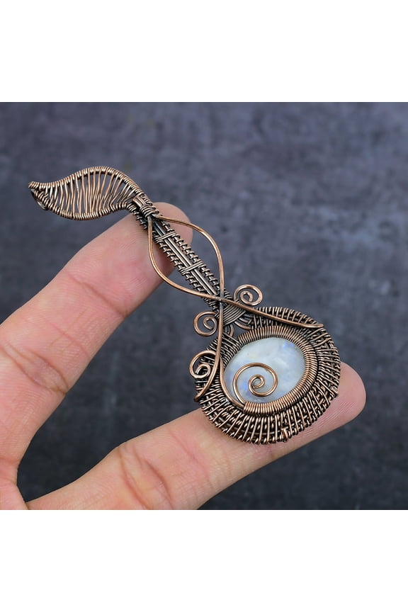 Natural Moonstone Gemstone Handmade Copper Wire Wrap Jewelry Pendant 3.35"