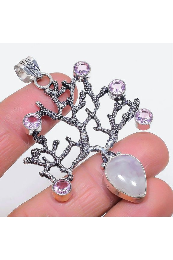 Natural Moonstone, Kunzite 925 Sterling Silver Jewelry Pendant 2.68"