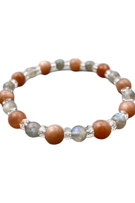 Natural Moonstone & Labradorite 8mm Round Shape Smooth Cut Beads Stretchable Bracelet For Men & Women. Unisex Bracelet