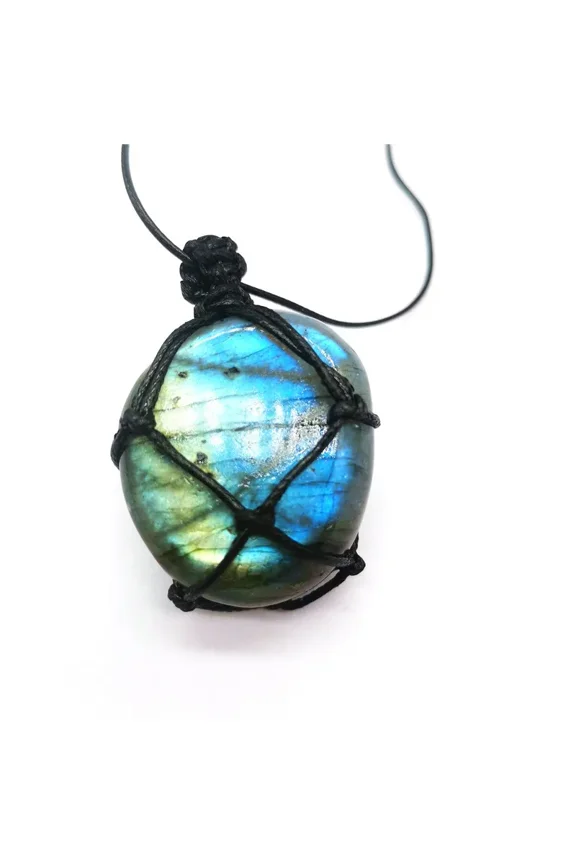 Natural Moonstone Labradorite Rough Stone Pendant Necklace Hand-woven Labradorite Net Bag Pendant
