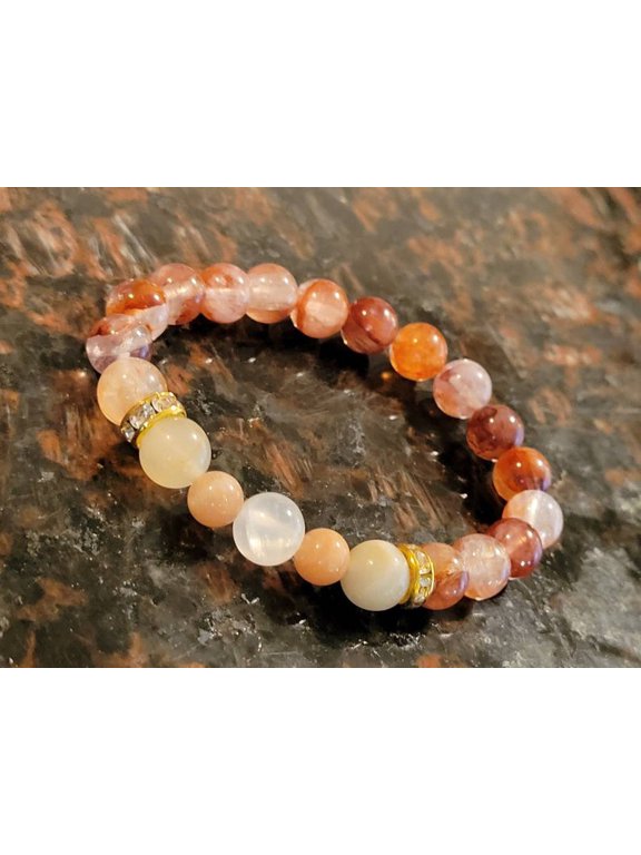 Natural Moonstone, Red Hematoid Quartz, Sunstone & Selenite 6-8mm Round Shape Smooth Cut Beads Stretchable Bracelet for Men & Women.