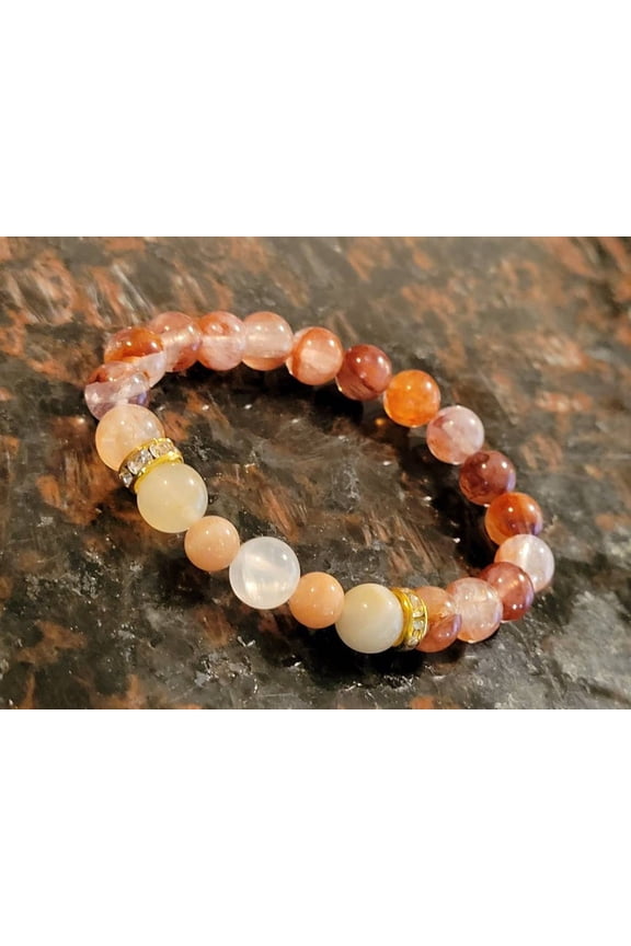 Natural Moonstone, Red Hematoid Quartz, Sunstone & Selenite 6-8mm Round Shape Smooth Cut Beads Stretchable Bracelet for Men & Women.
