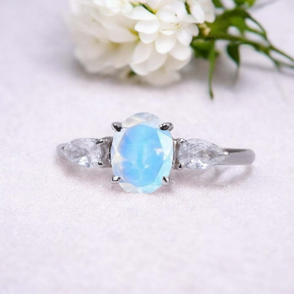 Natural Moonstone Ring 925 Sterling Silver Engagement Ring Diamond Statement Jewelry for Party Wear Ring Gift for Her Oval Cut Gemstone Ring