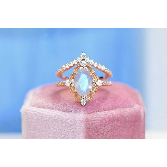 Natural Moonstone Ring Set, 2Ct Oval Cut Moonstone Vintage Ring Set, Rose Gold Ring Unique Curved Ring, Size 7